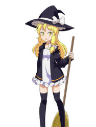 Rule 34 | 1girl, alternate costume, black hat, black jacket, black thighhighs, blonde hair, blush, bow, broom, cato (monocatienus), commentary request, dress, feet out of frame, hair bow, hat, hat bow, holding, holding broom, jacket, kirisame marisa, long hair, long sleeves, looking at viewer, open clothes, open jacket, open mouth, simple background, single sidelock, solo, standing, thighhighs, touhou, white background, white bow, white dress, witch hat, yellow eyes, zettai ryouiki