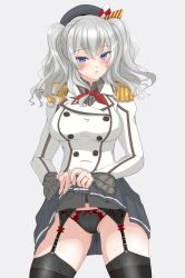 Rule 34 | 1girl, beret, black hat, black panties, black thighhighs, blue eyes, clothes lift, commentary, cowboy shot, english commentary, engrish commentary, epaulettes, frilled sleeves, frills, garter belt, garter straps, gloves, grey hair, grey skirt, hat, highres, jacket, kantai collection, kashima (kancolle), long sleeves, looking at viewer, military jacket, miniskirt, mixed-language commentary, neckerchief, nitamako (sakamalh), panties, pleated skirt, red neckerchief, sidelocks, simple background, skirt, skirt lift, solo, thighhighs, twintails, underwear, wavy hair, white background, white gloves, white jacket