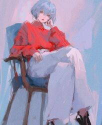 Rule 34 | 1girl, 96yottea, absurdres, chair, character request, copyright request, crossed legs, expressionless, grey hair, hair between eyes, hand on own cheek, hand on own face, highres, looking at viewer, on chair, pants, red eyes, red sweater, short hair, simple background, sitting, solo, sweater, white pants