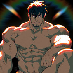 Rule 34 | 1boy, abs, bad id, bad twitter id, bara, biceps, black hair, blue eyes, completely nude, facial hair, feet out of frame, glowing, glowing eyes, goatee, large pectorals, looking at viewer, male focus, male pubic hair, mature male, muscular, muscular male, navel, navel hair, nipples, nude, original, out-of-frame censoring, pectorals, pubic hair, short hair, smile, smug, solo, stomach, thick eyebrows, veins, veiny arms, veiny hands, xelgot