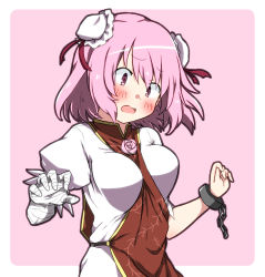 Rule 34 | 1girl, bandaged arm, bandages, between breasts, blush, breasts, bun cover, chain, cuffs, d:, double bun, embarrassed, head tilt, highres, ibaraki kasen, kz oji, looking down, medium breasts, open mouth, pink eyes, pink hair, puffy short sleeves, puffy sleeves, shackles, short hair, short sleeves, solo, strap between breasts, tabard, touhou, upper body, wardrobe malfunction