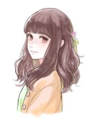 Rule 34 | 1girl, bad id, bad twitter id, blunt bangs, brown eyes, brown hair, cardigan, closed mouth, commentary request, flower, from side, green shirt, hair flower, hair ornament, looking at viewer, looking to the side, original, romiy, shirt, simple background, smile, solo, upper body, white background