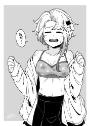 Rule 34 | 1girl, akishimo (kancolle), asymmetrical bangs, asymmetrical hair, bare shoulders, bra, breasts, closed eyes, collarbone, dress, fujinoki (horonabe-ken), greyscale, hair ornament, highres, hot, kantai collection, leaf hair ornament, long sleeves, monochrome, open clothes, open mouth, open shirt, pleated dress, shirt, short hair, short hair with long locks, small breasts, solo, underwear, white shirt
