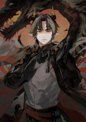 Rule 34 | 1boy, animal, arknights, black gloves, black hair, black jacket, chong yue (arknights), commentary request, dragon, dragon horns, earrings, elbow gloves, gloves, highres, horns, jacket, jewelry, looking at viewer, male focus, nukuyu haru, open clothes, open jacket, parted bangs, parted lips, pointy ears, red eyes, shirt, solo, thick eyebrows, twitter username, upper body, white shirt