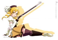 Rule 34 | 10s, 1girl, arm support, artist request, blonde hair, boots, detached sleeves, drill hair, fingerless gloves, gloves, gun, hair ornament, hat, looking at viewer, magical girl, magical musket, mahou shoujo madoka magica, mahou shoujo madoka magica (anime), official art, pleated skirt, puffy sleeves, skirt, smile, solo, taniguchi jun&#039;ichirou, thighhighs, tomoe mami, twin drills, twintails, weapon, yellow eyes