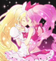 Rule 34 | 10s, 2girls, blonde hair, bow, choker, cure melody, cure rhythm, earrings, closed eyes, face-to-face, forehead-to-forehead, hairband, heads together, holding hands, houjou hibiki, jewelry, long hair, magical girl, minamino kanade, multiple girls, oota minoru, pink bow, pink hair, ponytail, precure, sparkle, suite precure, twintails, white choker, wristband, yuri
