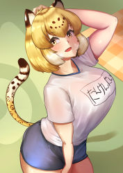 Rule 34 | 1girl, absurdres, animal ears, blush, breasts, commentary, gym shirt, gym shorts, gym uniform, highres, jaguar (kemono friends), jaguar ears, jaguar print, jaguar tail, john (a2556349), kemono friends, kemono friends 3, large breasts, looking at viewer, open mouth, shirt, shorts, smile, solo, tail, translated