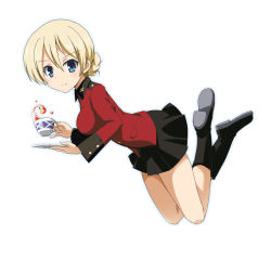 Rule 34 | 10s, 1girl, black skirt, blonde hair, blue eyes, blush, boots, braid, cup, darjeeling (girls und panzer), from side, full body, girls und panzer, holding, jacket, long sleeves, looking at viewer, military, military uniform, miniskirt, ouhashi, pleated skirt, saucer, short hair, skirt, smile, solo, spilling, tea, teacup, uniform, white background