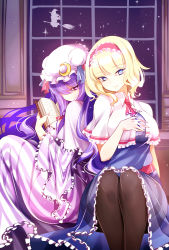 Rule 34 | 3girls, absurdres, alice margatroid, black legwear, blonde hair, blue dress, blue eyes, book, breasts, capelet, closed mouth, crescent, crescent pin, dress, hair over one eye, hairband, hat, highres, holding, holding book, indoors, kirisame marisa, large breasts, long hair, mob cap, multiple girls, night, night sky, pantyhose, patchouli knowledge, pink capelet, pink eyes, pink headwear, purple dress, purple hair, raptor7, red hairband, sash, sitting, sky, striped clothes, striped dress, touhou, white capelet, window