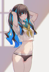 Rule 34 | 1girl, absurdres, arms behind head, arms up, black hair, black panties, blue hair, breasts, colored inner hair, crop top, fate/grand order, fate (series), green sailor collar, grey eyes, highres, long hair, looking at viewer, mouth hold, multicolored hair, navel, neckerchief, no pants, paid reward available, panties, sailor collar, shirt, short sleeves, sidelocks, small breasts, solo, tenochtitlan (fate), thighs, tying hair, underwear, ura illust, white shirt, yellow neckerchief