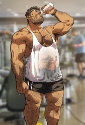Rule 34 | 1boy, bara, bare pectorals, beard stubble, bulge, drinking, drunken night (unspoken), erection, erection under clothes, facial hair, feet out of frame, hairy, highres, large pectorals, male focus, mature male, muscular, muscular male, pectorals, penis, photo background, see-through, see-through shirt, short hair, short shorts, shorts, solo, standing, stubble, sweat, thick arm hair, thick chest hair, thick eyebrows, thick leg hair, thick navel hair, unspoken (firebreath110), very hairy