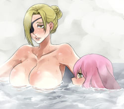 Rule 34 | 2girls, bathing, blush, breast envy, breasts, eyepatch, floating breasts, huge breasts, koma neko, lips, looking at breasts, multiple girls, nude, partially submerged, pink hair, pixiv fantasia, pixiv fantasia new world, same-sex bathing, shared bathing, sweatdrop, wet