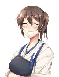 Rule 34 | 10s, 1girl, :d, ^ ^, absurdres, brown hair, crossed arms, closed eyes, facing viewer, grin, highres, japanese clothes, kaga (kancolle), kantai collection, long hair, looking at viewer, muneate, open mouth, side ponytail, simple background, smile, solo, tasuki, wangphing, white background