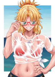 Rule 34 | 1girl, adjusting eyewear, aqua eyes, bespectacled, bikini, bikini under clothes, blonde hair, blue shorts, blue sky, blush, bracelet, breasts, breasts apart, collarbone, commentary request, fate/apocrypha, fate (series), glasses, hair ornament, hair scrunchie, hakase yurisuki, hand on own hip, jewelry, medium breasts, messy hair, midriff, mordred (fate), mordred (fate/apocrypha), navel, necklace, ocean, red-framed eyewear, red scrunchie, scrunchie, see-through, semi-rimless eyewear, shirt, short ponytail, shorts, side-tie shirt, sky, smile, solo, swimsuit, tied shirt, under-rim eyewear, upper body, wet, wet clothes, wet shirt