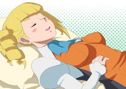 Rule 34 | 10s, 1girl, bed, blonde hair, blush, breasts, breasts apart, closed eyes, dress, drill hair, drooling, eyebrows, female focus, gundam, gundam build fighters, kamishakujii (poppenheim), long hair, long sleeves, lying, on back, on bed, open mouth, pillow, puffy sleeves, saliva, short eyebrows, simple background, sleeping, sleeve cuffs, small breasts, smile, solo, thick eyebrows, yajima caroline