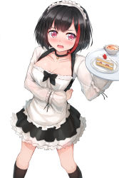 Rule 34 | 10s, 1girl, alternate costume, apron, bang dream!, bell, black bow, black bowtie, black choker, black hair, black socks, blush, bob cut, bow, bowtie, breasts, cake, choker, cleavage, collarbone, cup, embarrassed, enmaided, food, highres, holding, holding tray, kneehighs, legs apart, long sleeves, maid, maid headdress, medium breasts, mitake ran, multicolored hair, naitou kirara, neck bell, plate, red hair, short hair, simple background, socks, solo, standing, strawberry shortcake, streaked hair, teacup, tray, white apron, white background