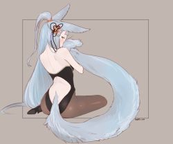 Rule 34 | 10s, 1girl, animal ears, artist name, ass, back, backless outfit, black pantyhose, blue eyes, border, dated, erune, fox ears, fox tail, from behind, granblue fantasy, grey hair, hair ornament, half updo, high heels, hugging own tail, hugging tail, leotard, long hair, masato (mirai koubou), nontraditional playboy bunny, pantyhose, playboy bunny, simple background, sitting, societte (granblue fantasy), solo, tail