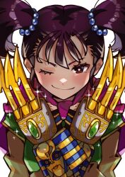 1girl black_eyes blush bright_pupils capelet claw_(weapon) closed_mouth commentary_request dragon_quest dragon_quest_iii eyelashes fighter_(dq3) gem gold green_gemstone highres kuzuno_ha one_eye_closed pink_capelet purple_hair short_twintails simple_background smile solo sparkle twintails upper_body weapon white_background white_pupils