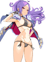 1girl :&gt; ahoge arm_up armpits bikini black_bikini black_gloves bracelet breasts cape fate_(series) forehead from_below fur-trimmed_cape fur_trim gloves gold_bracelet half_gloves hand_on_own_ear hand_on_own_hip highres jewelry looking_at_viewer lowleg lowleg_bikini medium_breasts navel parted_bangs purple_cape purple_eyes purple_hair red_cape smile solo standing swimsuit thighs toned toned_female toru white_background wu_zetian_(fate) wu_zetian_(swimsuit_caster)_(fate)