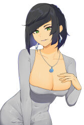 Rule 34 | 1girl, alternate costume, black hair, blunt bangs, breasts, cleavage, commentary, covered navel, dress, earrings, eyeshadow, genshin impact, green eyes, grey dress, grin, hand up, highres, jewelry, large breasts, long sleeves, looking at viewer, makeup, necklace, purple lips, short hair, simple background, smile, solo, upper body, white background, yelan (genshin impact), yellow glasses (odivichno)