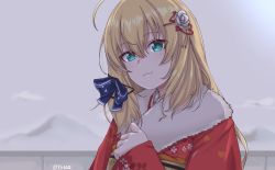Rule 34 | 1girl, ahoge, akai haato, akai haato (new year), aqua eyes, blonde hair, closed mouth, commentary, disco brando, english commentary, flower, fur-trimmed kimono, fur trim, hair flower, hair ornament, hair ribbon, highres, hololive, japanese clothes, kimono, light smile, long hair, looking at viewer, outdoors, red kimono, ribbon, sidelocks, solo, standing, twitter username, upper body, virtual youtuber