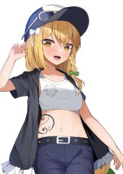 Rule 34 | 1girl, :d, absurdres, alternate costume, arm at side, belt, black belt, black jacket, blonde hair, blush, bow, braid, breasts, casual, clothes writing, collarbone, commentary request, cowboy shot, cropped shirt, crossed bangs, denim, denim shorts, eyewear on headwear, fang, fingernails, frilled jacket, frills, green bow, hair between eyes, hair bow, hand up, hat, highres, jacket, kirisame marisa, kirisame oreo, long fingernails, long hair, looking at viewer, medium breasts, nail polish, navel, open clothes, open jacket, open mouth, peaked cap, shirt, short sleeves, shorts, simple background, single braid, skin fang, smile, solo, stomach tattoo, straight hair, sunglasses, tattoo, touhou, tsurime, very long hair, white background, white bow, white shirt, yellow eyes, yellow nails