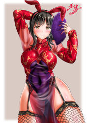 Rule 34 | 1girl, animal ears, black hair, blush, breasts, china dress, chinese clothes, dated, detached sleeves, dress, fake animal ears, fishnets, frock, kasugano tobari, large breasts, leotard, lingerie, long hair, looking at viewer, navel, rabbit ears, see-through, sidelocks, smile, underwear, yellow eyes