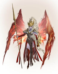 Rule 34 | 1girl, absurdres, armor, asymmetrical sleeves, bandages, closed mouth, facial mark, fiery wings, gauntlets, helmet, highres, holding, holding polearm, holding weapon, long hair, original, pale skin, pauldrons, polearm, purple lips, shoulder armor, simple background, single gauntlet, solo, thick thighs, thighhighs, thighs, valkyrie, very long hair, walking, weapon, white hair, wings, wuguigui