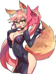 Rule 34 | 1girl, :d, animal ears, breasts, brown hair, cleavage, fang, fate/grand order, fate (series), fox ears, fox tail, glasses, koyanskaya (assassin) (first ascension) (fate), koyanskaya (fate), long hair, looking at viewer, negi (ulog&#039;be), open mouth, pink hair, sidelocks, simple background, smile, solo, tail, tamamo (fate), tamamo no mae (fate/extra), very long hair, white background, yellow eyes