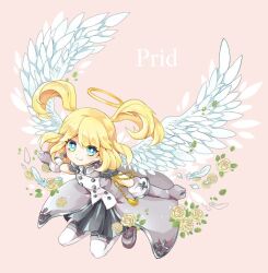 Rule 34 | 1girl, angel wings, black skirt, blonde hair, blue eyes, brown background, brown footwear, character name, clenched hands, closed mouth, collar, collared shirt, commentary request, cross print, elbow cuffs, elbow gloves, epaulettes, eyelashes, feathered wings, feathers, flower, full body, gloves, grey collar, grey gloves, grey jacket, halo, jacket, leaf, looking at viewer, miniskirt, nonokusu (no2xnox), open clothes, open jacket, otoca d&#039;or, prid (otoca d&#039;or), rose, shirt, shoes, short hair, shoulder pads, silver trim, skirt, smile, solo, thighhighs, two side up, white shirt, white thighhighs, white wings, wings, yellow flower, yellow rose