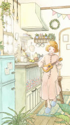 Rule 34 | 1girl, absurdres, arch, artist name, blue footwear, blush, bottle, brown hair, bunting, cactus, closed eyes, closed mouth, cup, day, doormat, doorway, dress, facing viewer, faucet, floral print, flower pot, food, fork, fruit, full body, garland (decoration), hanasaki taru, handle, highres, holding, holding instrument, indoors, instrument, jar, kitchen, kitchen hood, ladle, lamp, leaf, lemon, light bulb, light rays, long sleeves, mug, muntins, music, notes, original, oven mitts, painting (medium), paper, pink dress, plant, plate, plate stack, playing instrument, potted plant, puffy long sleeves, puffy sleeves, refrigerator, shelf, short hair, signature, sink, slippers, smile, solo, spatula, spoon, stool, sunbeam, sunlight, teacup, teapot, traditional media, triangle, ukulele, unworn mittens, watercolor (medium), window, wooden floor, wooden fork, wooden spoon, wreath