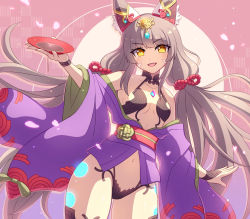 Rule 34 | alcohol, animal ears, cosplay, enni, facial mark, fate/grand order, fate (series), gourd, headpiece, japanese clothes, kimono, long hair, low twintails, nia (blade) (xenoblade), nia (xenoblade), open clothes, open kimono, purple kimono, revealing clothes, sake, shuten douji (fate), silver hair, solo, twintails, very long hair, xenoblade chronicles (series), xenoblade chronicles 2, yellow eyes