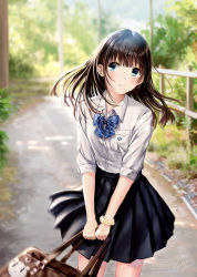 Rule 34 | 1girl, bag, bag charm, black hair, black skirt, blue bow, blue eyes, blurry, blurry background, bow, charm (object), closed mouth, collared shirt, commentary request, day, depth of field, diagonal stripes, dress shirt, fence, highres, holding, holding bag, kazuharu kina, long hair, original, outdoors, plant, pleated skirt, road, school bag, school uniform, shirt, skirt, smile, solo, striped, striped bow, white shirt
