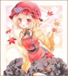 Rule 34 | 1girl, aki minoriko, autumn leaves, bad id, bad pixiv id, blonde hair, blush, colored pencil (medium), dress, food, frilled skirt, frills, fruit, grapes, hat, juliet sleeves, layered dress, leaf, leaning forward, long sleeves, looking at viewer, maple leaf, marker (medium), mob cap, neck ribbon, open hand, open mouth, potto, potto (minntochan), puffy sleeves, red background, red eyes, ribbon, sample watermark, short hair, skirt, smile, solo, touhou, traditional media, watermark