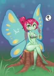 Rule 34 | 1girl, ?, antennae, arthropod girl, artist name, bare shoulders, black bra, blush, bottomless, bra, breasts, butterfly wings, collarbone, colored skin, crossed legs, fairy, female focus, full body, grass, green eyes, green skin, hair tie, hand up, high ponytail, insect girl, insect wings, kionant, long hair, looking at viewer, medium breasts, moth antennae, moth girl, navel, open mouth, original, outdoors, ponytail, red hair, shiny skin, signature, sitting, solo, speech bubble, spoken question mark, stomach, tree stump, underwear, underwear only, very long hair, wide hips, wings