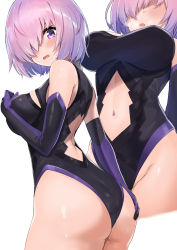 Rule 34 | 1girl, ass, ayul (ayulneri 92), back cutout, black gloves, black leotard, blush, breasts, breath, clothing cutout, commentary request, covered erect nipples, cowboy shot, elbow gloves, embarrassed, fate/grand order, fate (series), from behind, from below, gloves, groin, hair over one eye, hand on own ass, hand on own chest, highres, large breasts, leotard, looking back, mash kyrielight, medium hair, multiple views, navel, navel cutout, open mouth, pink hair, projected inset, purple eyes, simple background, standing, steam, sweat, wavy mouth, white background