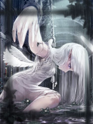 Rule 34 | 1girl, angel, angel wings, chain, chained, cracked skin, cross, cuffs, doll joints, dress, jewelry, joints, long hair, misaki (kyal 001), necklace, original, outstretched arms, partially submerged, pendant, pointy ears, purple eyes, rain, shackles, sleeveless, sleeveless dress, solo, very long hair, water, white dress, white hair, wings