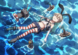 Rule 34 | 10s, 1girl, afloat, black panties, blush stickers, boat, boots, brown hair, closed eyes, elbow gloves, gloves, grey footwear, hairband, kantai collection, lifebuoy, long hair, midriff, navel, panties, panty lift, pantyshot, personification, rensouhou-chan, shimakaze (kancolle), skirt, striped clothes, striped thighhighs, swim ring, thighhighs, tri, underwear, upskirt, water, watercraft, wedgie, white gloves