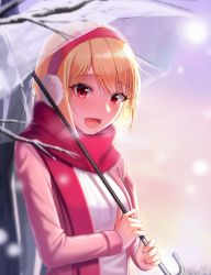 Rule 34 | 1girl, absurdres, bare tree, blonde hair, blurry, blurry foreground, blush, earmuffs, highres, holding, holding umbrella, jacket, long sleeves, looking at viewer, open clothes, open jacket, open mouth, original, outdoors, phoebe (pixiv 55159801), pink jacket, red eyes, red scarf, scarf, see-through, shirt, short hair, smile, snowing, solo, sunrise, transparent, transparent umbrella, tree, umbrella, upper body, white shirt, winter