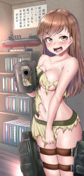 Rule 34 | 1girl, blush, book, bookshelf, breasts, brown hair, burusuta, covering privates, covering crotch, groin, highres, hip bones, indoors, kantai collection, long hair, navel, no bra, no panties, ooi (kancolle), open mouth, remodel (kantai collection), rigging, school uniform, shirt, skirt, solo, standing, sweat, torn clothes, torn shirt, torn skirt, torpedo, torpedo tubes, yellow eyes