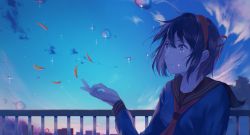 Rule 34 | 1girl, :|, absurdres, black eyes, black hair, blue sky, closed mouth, cloud, commentary, fish, glint, goldfish, hairband, hand up, highres, kyarage (soda), neckerchief, night, night sky, original, outdoors, pink sky, railing, red hairband, red neckerchief, red sailor collar, revision, sailor collar, school uniform, short hair, sky, solo, upper body, water drop