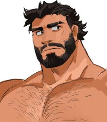 Rule 34 | 1boy, bara, beard, eyebrow cut, facial hair, full beard, large pectorals, looking to the side, male focus, mature male, muscular, muscular male, nipples, nude, original, pectorals, pencil mustache, portrait, saltypoundcake, short hair, sideways glance, solo, sparse chest hair, thick beard, thick eyebrows