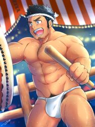 Rule 34 | 1boy, abs, arm hair, armpit hair, armpit peek, bara, blush, bulge, chest hair, covered penis, drum, drumming, drumsticks, excessive pubic hair, feet out of frame, flaccid, frown, fundoshi, gluteal fold, hachimaki, hairy, headband, highres, instrument, japanese clothes, large pectorals, leg hair, looking away, male focus, male pubic hair, mature male, muscular, muscular male, navel, navel hair, nipples, original, pectorals, pubic hair, short hair, shouting, sideburns, solo, stomach, sweat, taiko drum, tepen (tptptpn), thick eyebrows, thick thighs, thighs, topless male
