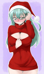 Rule 34 | 10s, 1girl, aqua hair, blush, bottomless, breasts, cleavage cutout, clothing cutout, green eyes, hair ornament, hairclip, hat, kantai collection, large breasts, long hair, meme attire, mikagami sou, naked sweater, open-chest sweater, santa hat, solo, suzuya (kancolle), sweater
