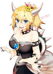 Rule 34 | 1girl, :d, bare shoulders, black dress, black nails, blonde hair, blue eyes, bowsette, bracelet, breasts, cleavage, collar, commentary request, crown, dress, earrings, english text, fingernails, hair between eyes, highres, horns, jewelry, large breasts, long hair, looking at viewer, mario (series), mini crown, nail polish, new super mario bros. u deluxe, nintendo, open mouth, ponytail, sharp teeth, simple background, smile, solo, spiked bracelet, spiked collar, spiked shell, spikes, strapless, strapless dress, super crown, teeth, tetsubuta, turtle shell, twitter username, v-shaped eyebrows, white background
