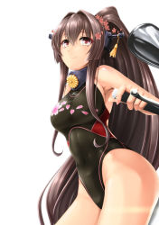 Rule 34 | 10s, 1girl, alternate costume, breasts, brown eyes, brown hair, cherry blossoms, competition swimsuit, hassen (8cm), kantai collection, large breasts, long hair, mizuno (brand), motor vehicle, motorcycle, one-piece swimsuit, petals, ponytail, solo, standing, swimsuit, vehicle, yamato (kancolle)