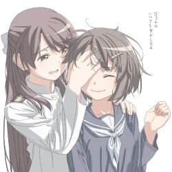 Rule 34 | 10s, 2girls, boko (maniacpurple), brave witches, brown eyes, brown hair, closed mouth, closed eyes, hair ornament, hairclip, hand on another&#039;s face, hand on another&#039;s head, highres, karibuchi hikari, karibuchi takami, long hair, messy hair, military, military uniform, multiple girls, open mouth, school uniform, serafuku, short hair, siblings, simple background, sisters, translation request, uniform, wavy mouth, white background, world witches series