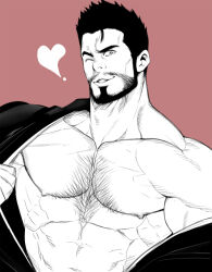 Rule 34 | 1boy, abs, bad id, bad pixiv id, bara, bare pectorals, beard, bleach, chest hair, come hither, facial hair, full beard, greyscale with colored background, heart, japanese clothes, kimono, kurosaki isshin, large pectorals, looking at viewer, mabataki, male focus, mature male, muscular, muscular male, mutton chops, nipples, one eye closed, pectorals, sanpaku, seductive smile, short hair, smile, solo, sparse chest hair, spiked hair, stubble, thick eyebrows, tsurime, undressing, upper body, wink heart