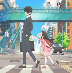 Rule 34 | 3girls, 4boys, backpack, bag, black hair, blue sky, bridge, briefcase, building, car, child, clothes grab, cloud, crime prevention buzzer, crosswalk, day, dress, father and daughter, formal, from side, full body, goto hime, goto kakushi, hair over one eye, highres, hime cut, jacket grab, kakushigoto, key visual, kneehighs, loafers, long hair, long sleeves, looking at another, motor vehicle, multiple boys, multiple girls, necktie, no socks, official art, outdoors, pink dress, pink footwear, promotional art, randoseru, road, school bag, shoes, short hair, short sleeves, sky, sneakers, socks, street, suit, white legwear