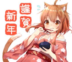 Rule 34 | 1girl, :s, ahoge, animal ears, bowl, breasts, brown eyes, brown hair, cat ears, cat girl, cat tail, cleavage, closed mouth, collarbone, commentary request, eating, floral print, flying sweatdrops, food, from below, holding, holding bowl, japanese clothes, kimono, kimono pull, long sleeves, looking at viewer, looking down, minazuki mizu, mochi, obi, off shoulder, original, pink kimono, print kimono, sash, short hair with long locks, sidelocks, simple background, single bare shoulder, small breasts, solo, souffle (minazuki mizu), tail, tareme, upper body, white background, wide sleeves